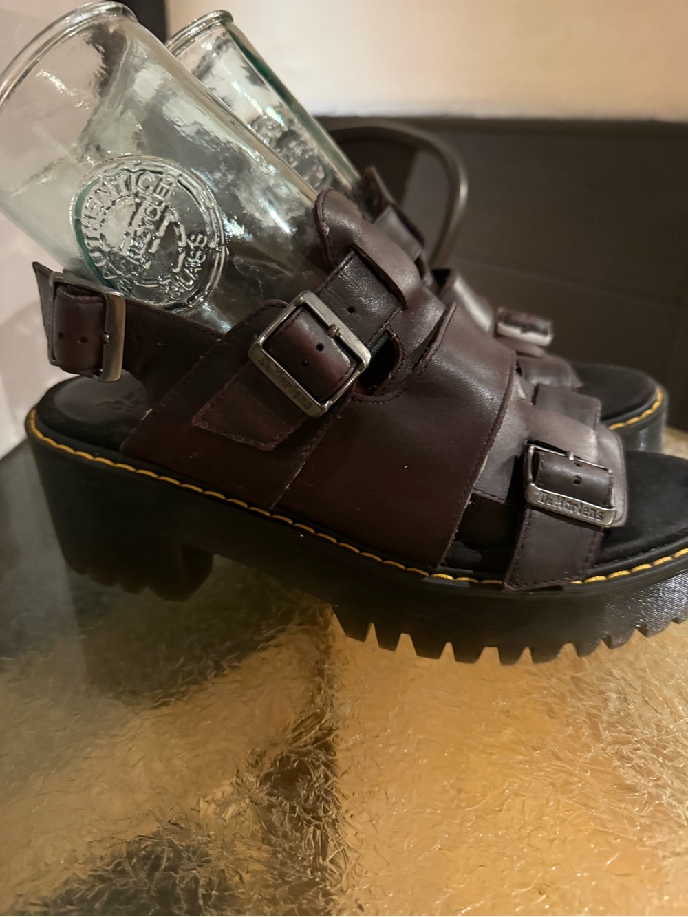 Dr. Martens Burgandy Ariel Sandals with Yellow Stitching platform heel.